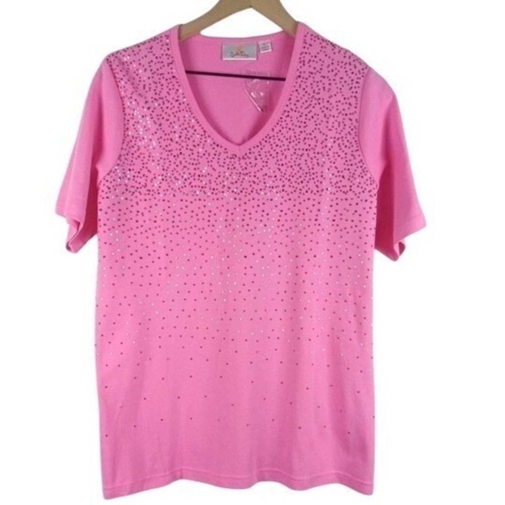 New Quacker Factory Sequin T-Shirt Women Pink V-Neck Short Sleeve Cotton Blend M